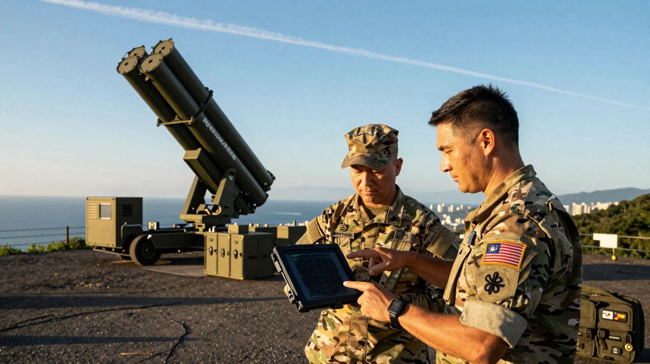 Dois soldados em uniformes camuflados analisam dados em um tablet próximo a um sistema de defesa com foguetes.