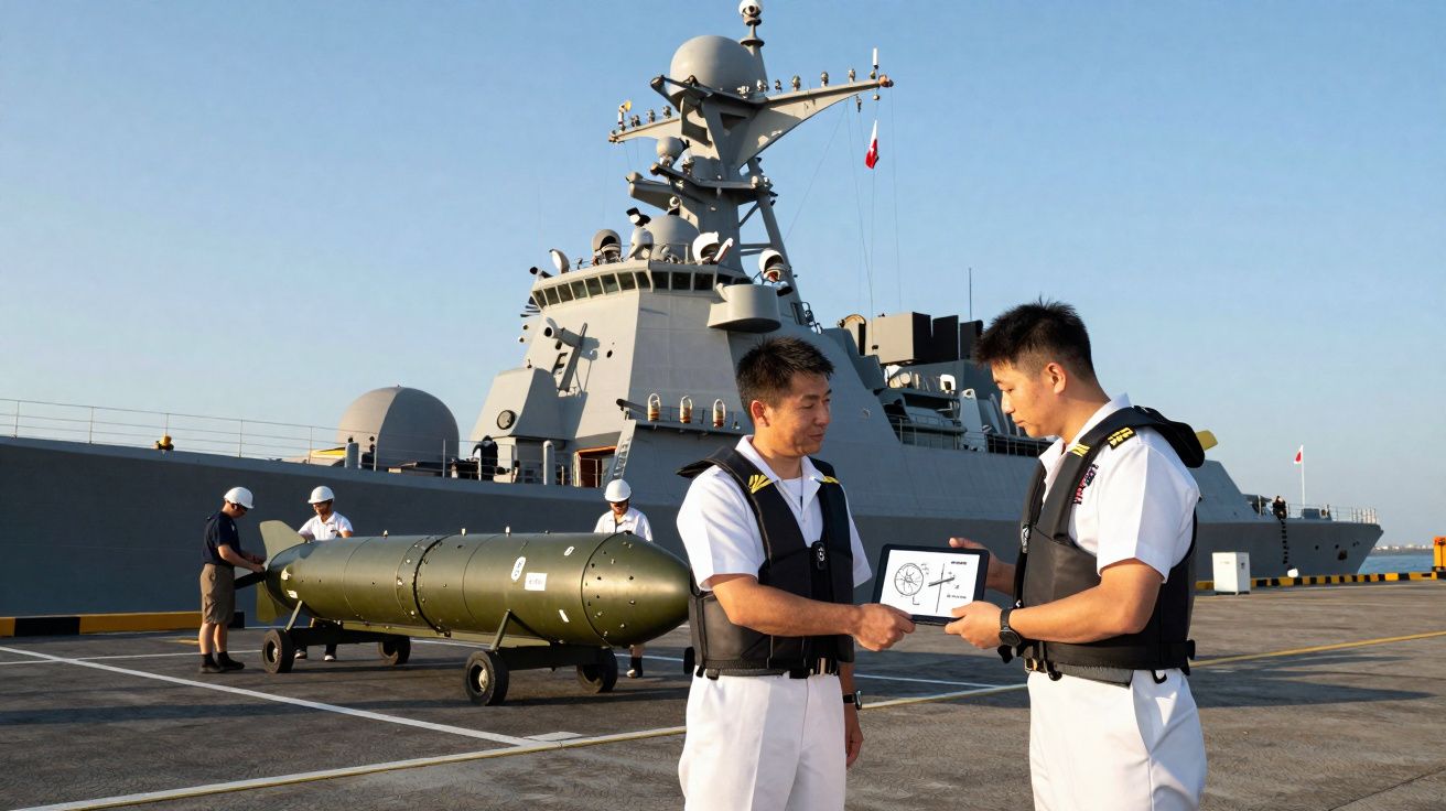 Dois militares em uniforme e colete recebem placa à frente de navio de guerra e torpedo na doca.