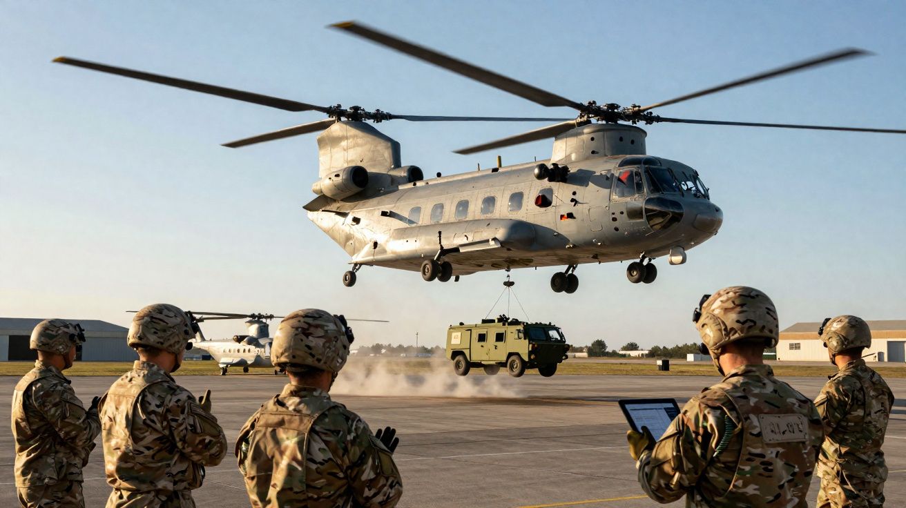 Helicóptero militar transporta veículo blindado enquanto soldados observam em pista de pouso ensolarada.