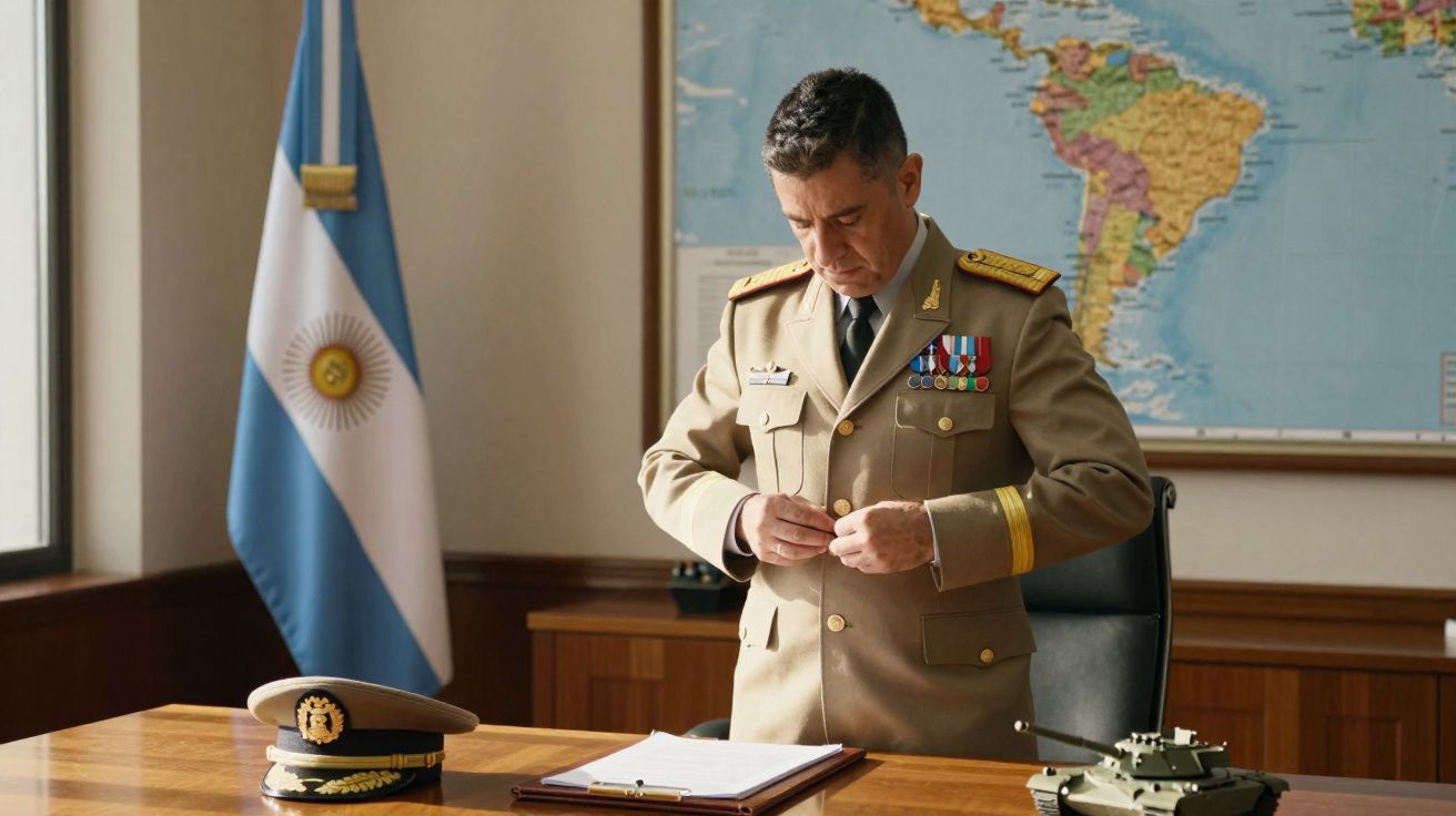 Militar argentino em uniforme arrumando botões em escritório com mapa e bandeira da Argentina ao fundo.