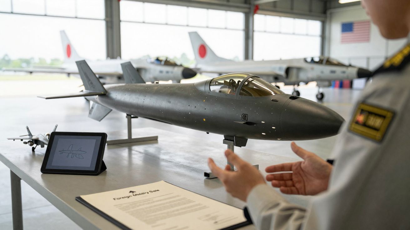 Modelo em escala de um avião militar exposto em mesa dentro de hangar com pessoa gesticulando ao lado.