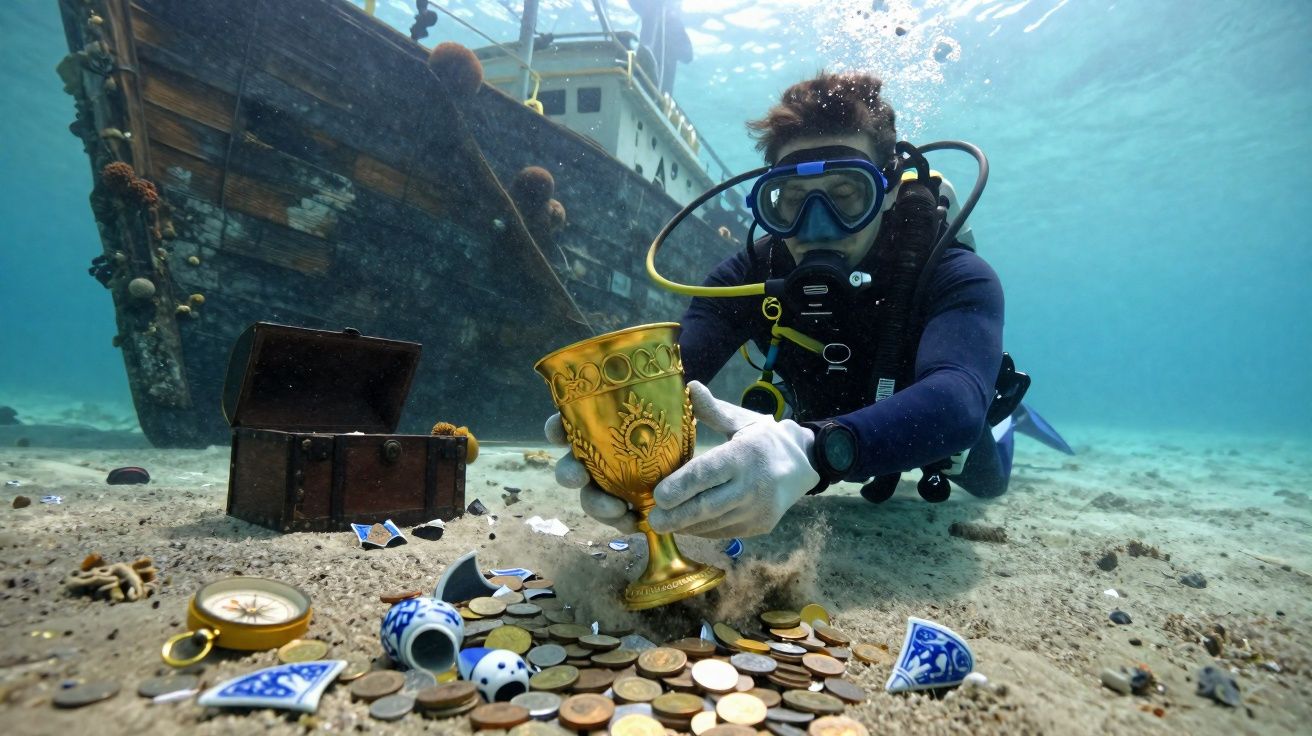 Mergulhador coletando tesouro submarino com moedas, relicário e um navio naufragado ao fundo.