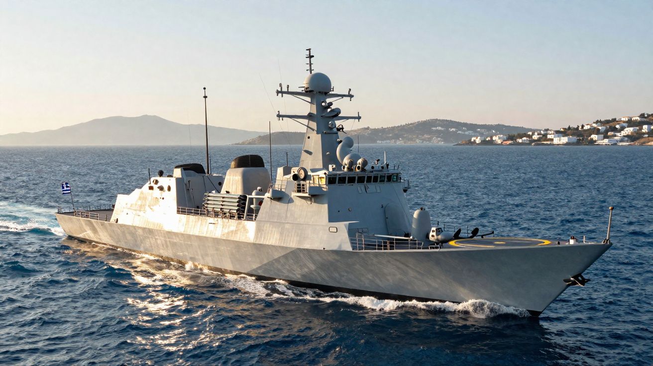 Navio de guerra moderno navegando em mar aberto com costa e montanhas ao fundo.