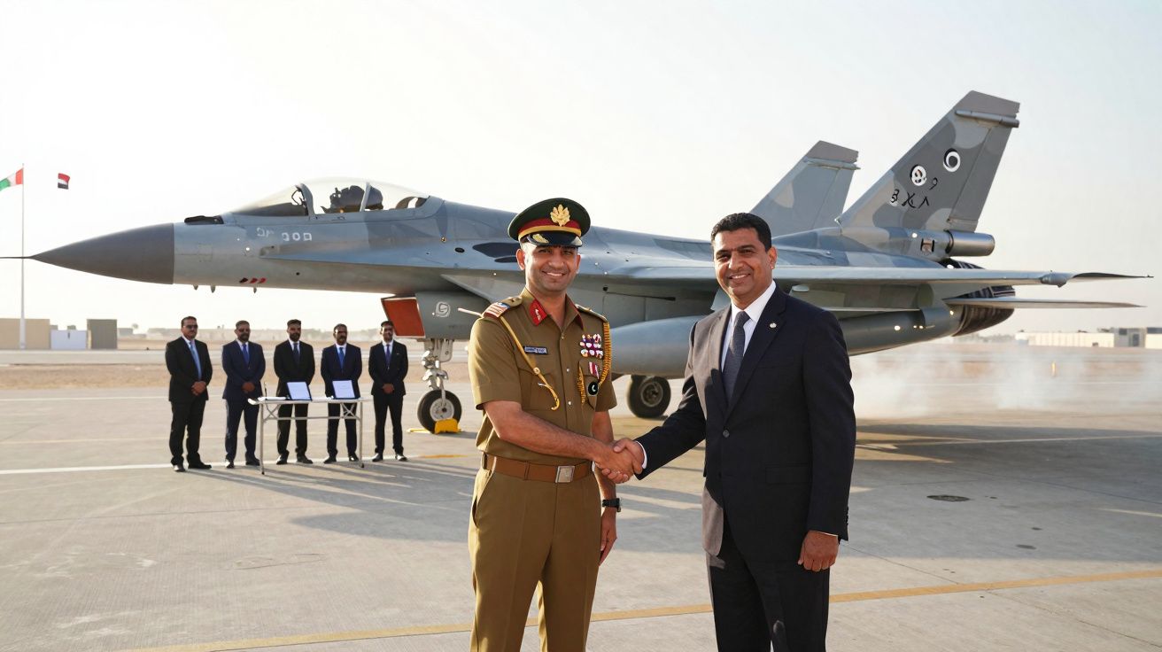 Dois homens, um militar e um civil, apertam as mãos em frente a um caça militar em pista de aeroporto.