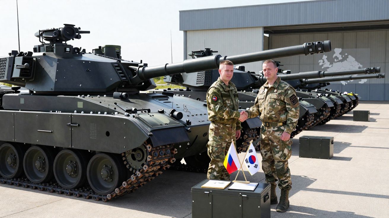 Dois militares cumprimentando-se em frente a tanques de guerra alinhados em área externa.