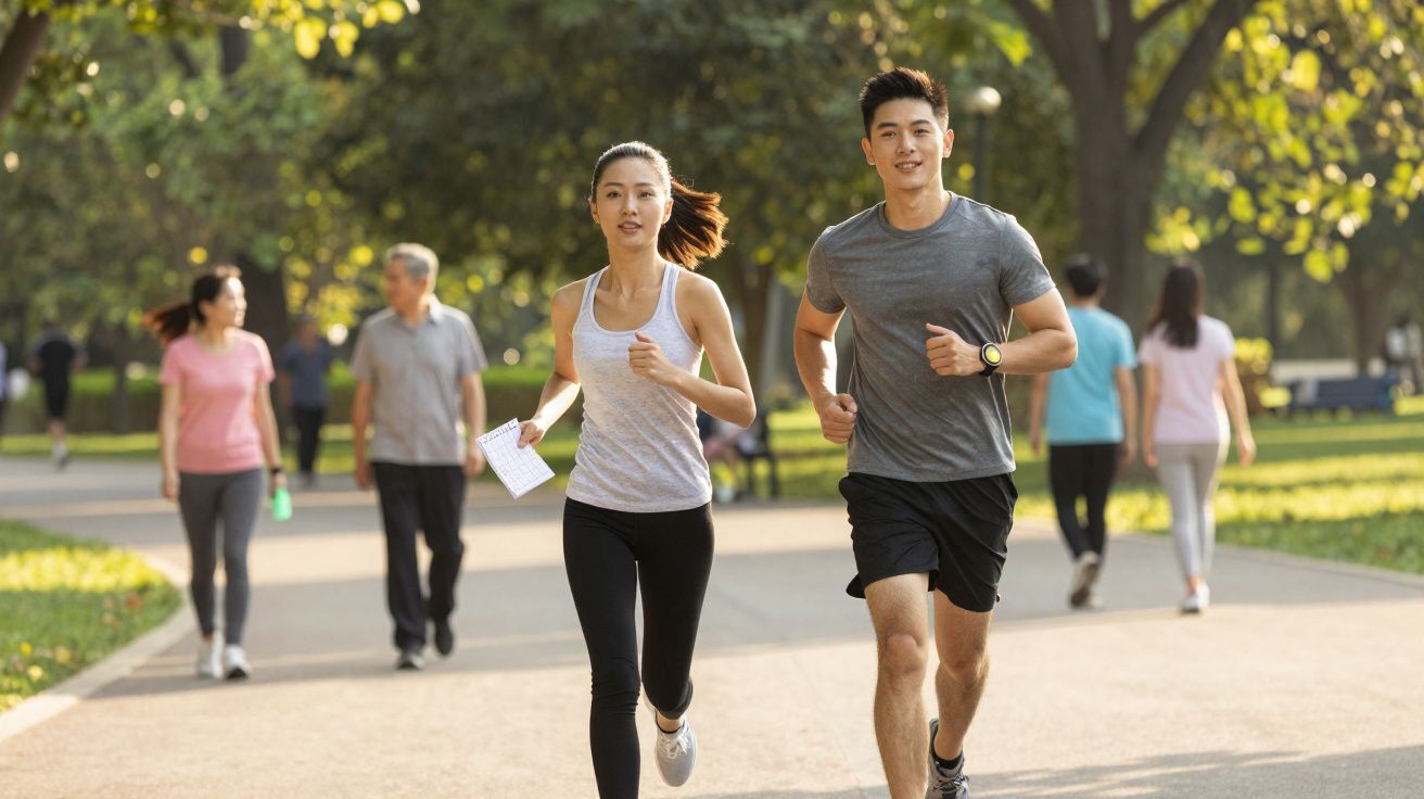Casal correndo no parque durante o dia, com outras pessoas caminhando ao fundo.
