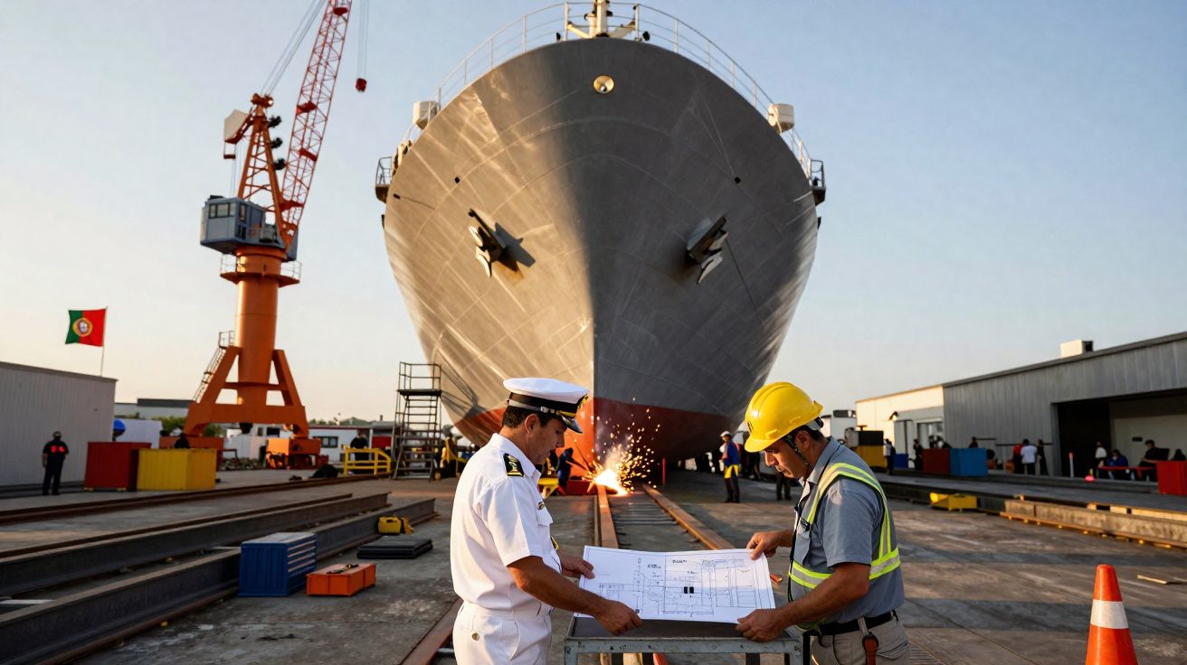 Dois homens analisando planta em estaleiro naval com navio e guindaste ao fundo.