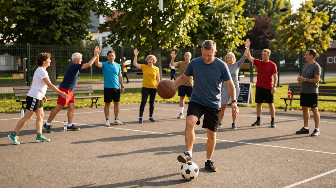 Grupo de idosos exercitando-se em quadra ao ar livre, com bola de futebol e basquete.