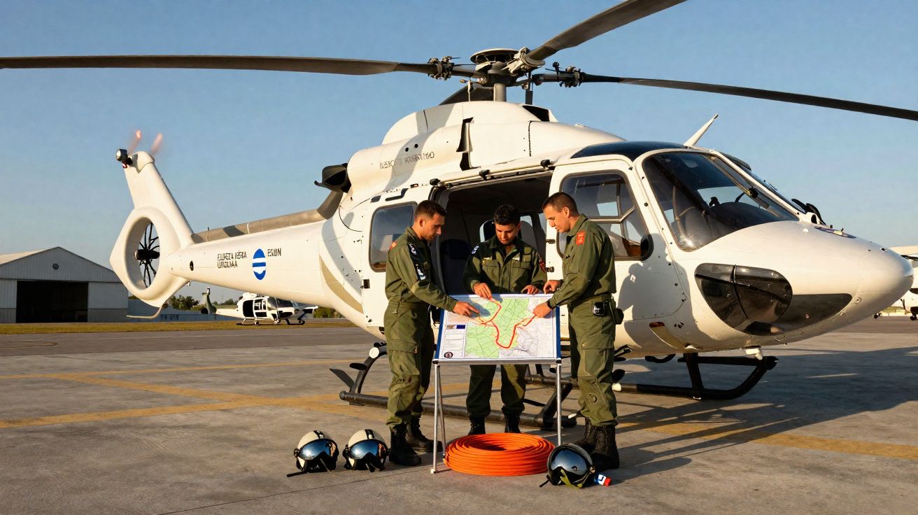 Três homens em uniforme militar analisam mapa em frente a helicóptero branco estacionado em pista.