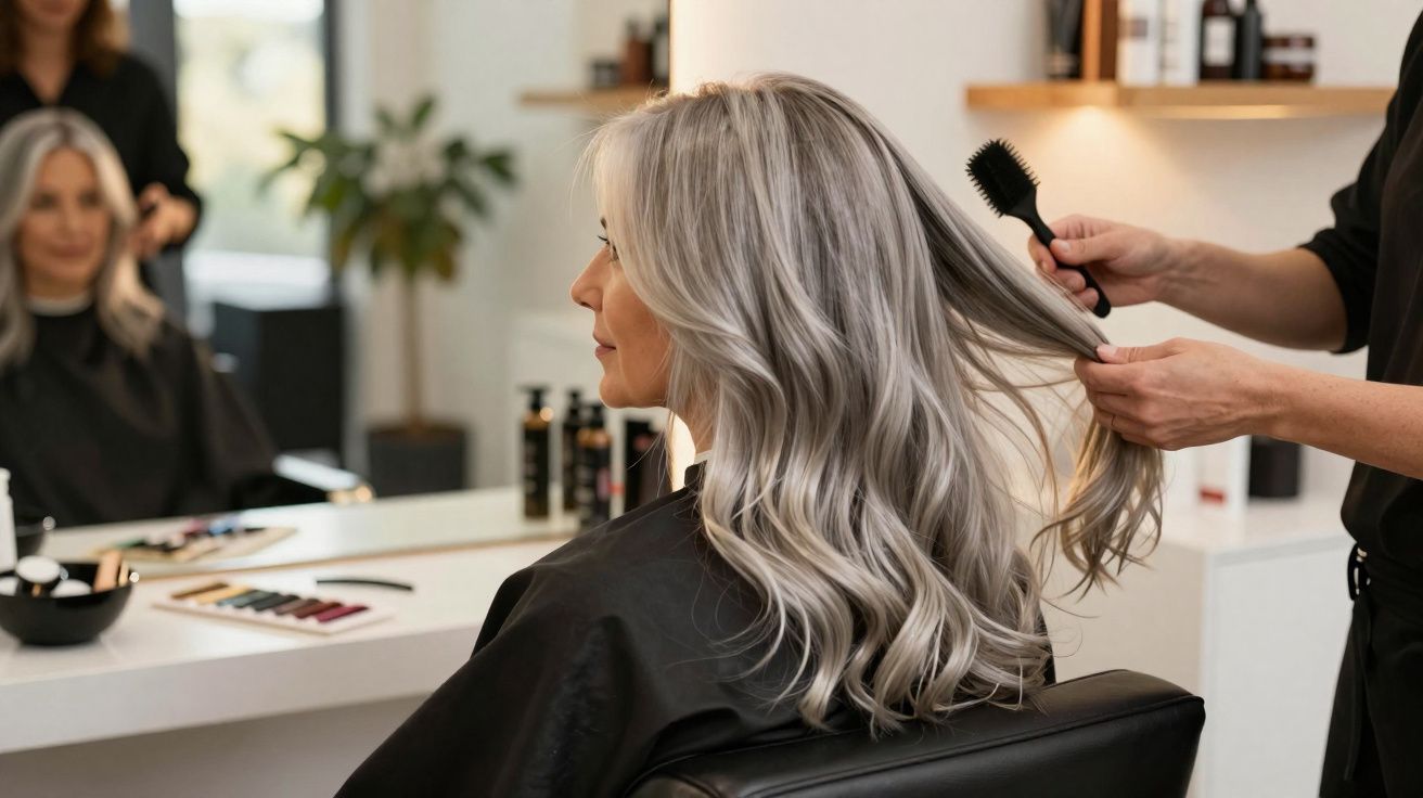 Mulher loira com cabelo ondulado sendo penteada em salão de beleza moderno e bem iluminado.