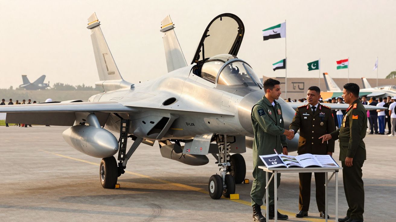 Caça militar estacionado com três militares em uniforme conversando próximo a uma mesa com livros.
