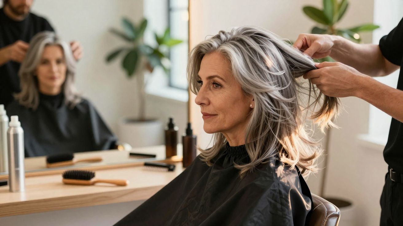 Mulher madura com cabelo grisalho sendo penteada em salão de beleza moderno e iluminado.