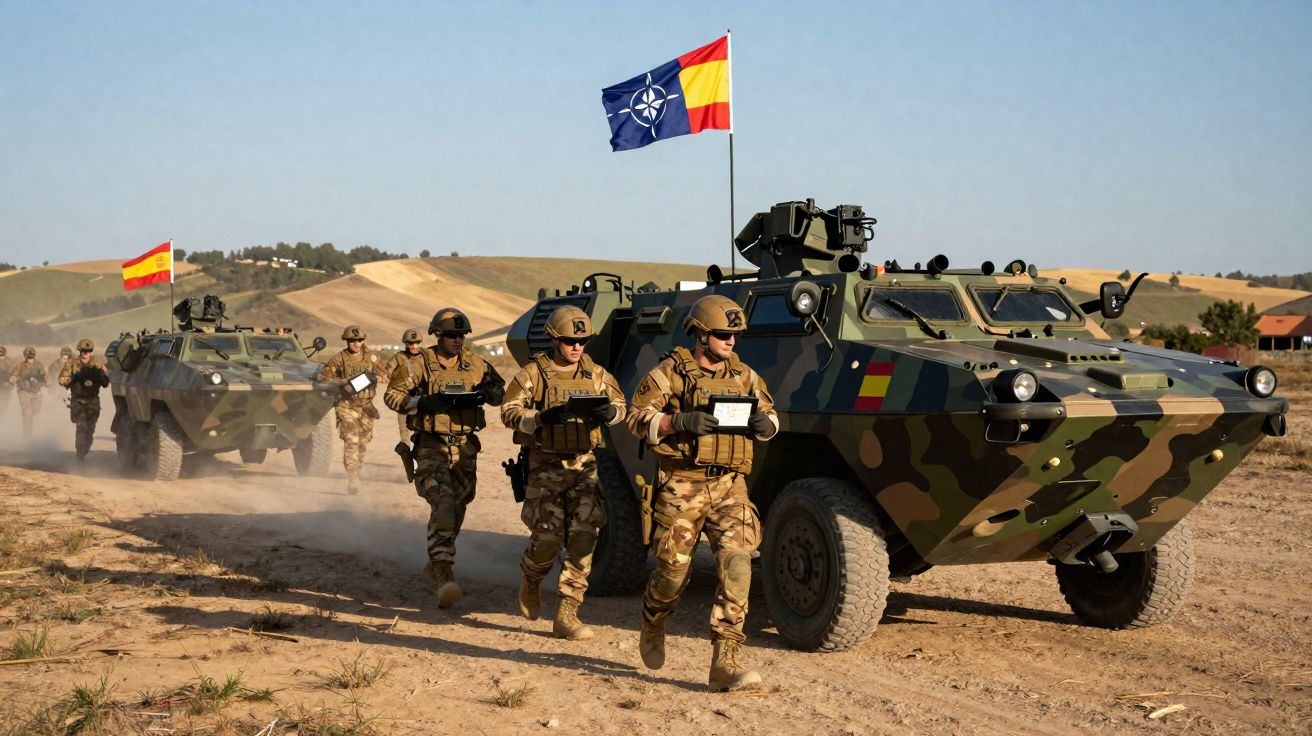Soldados com uniformes camuflados marchando ao lado de veículos militares com bandeiras da Espanha e da OTAN em terreno árido