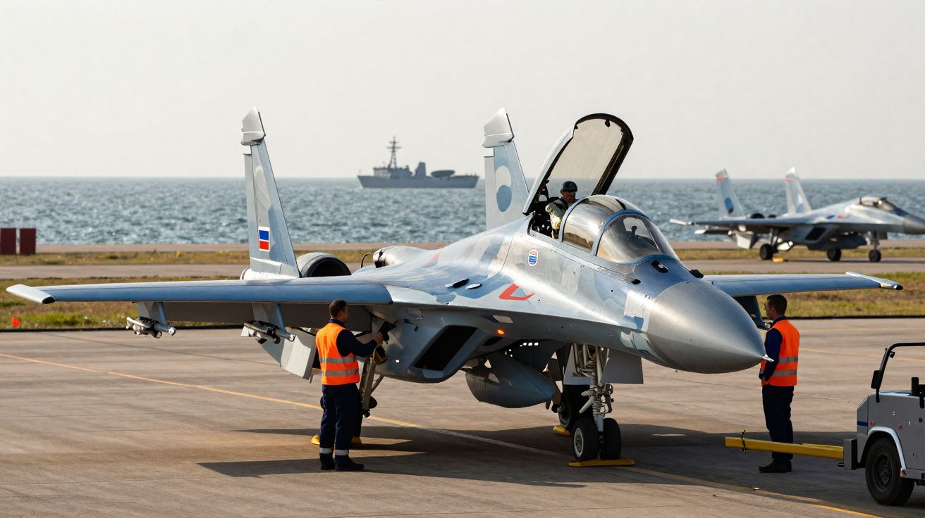 Avião de caça em pista de aeroporto com pessoal de solo ao redor e navio no mar ao fundo.