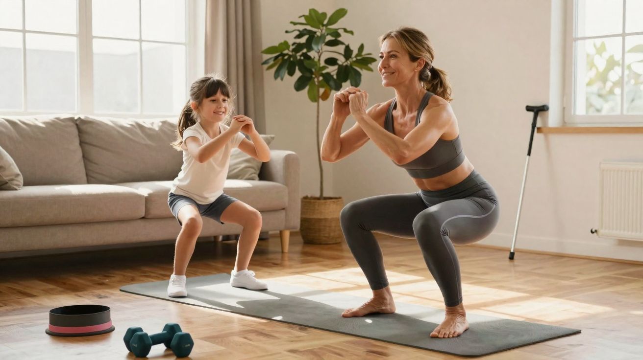 Mulher e criança praticando exercícios de agachamento juntos em sala iluminada com planta e acessórios de ginástica.