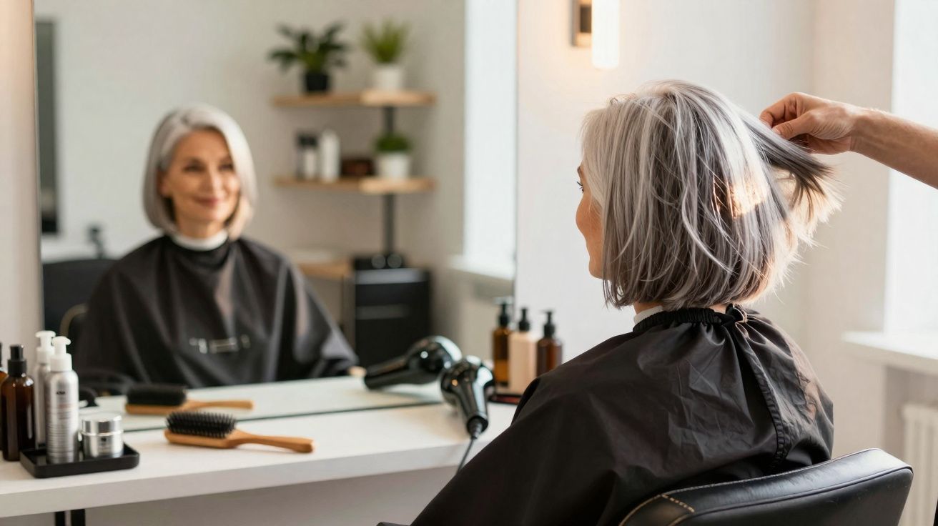 Mulher de cabelos grisalhos sentada em salão de beleza, recebendo cuidado no cabelo.