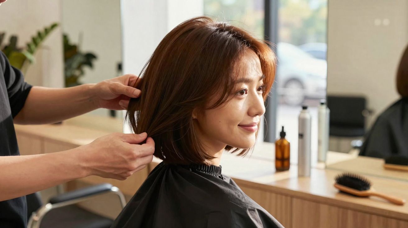 Mulher sorrindo no salão de beleza enquanto cabeleireiro arruma seu cabelo curto e liso.