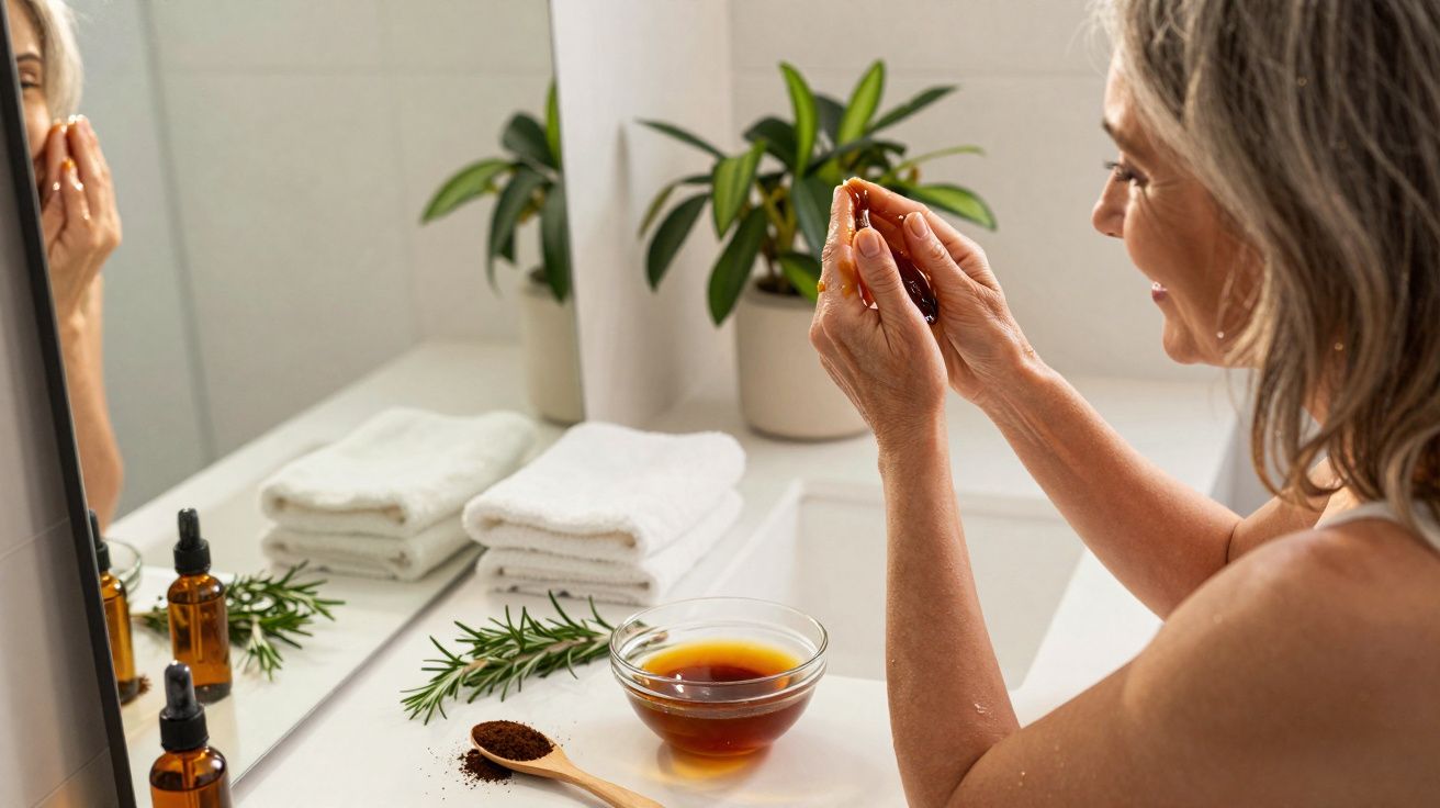 Mulher aplicando óleo essencial nas mãos em banheiro com toalhas e plantas ao fundo.