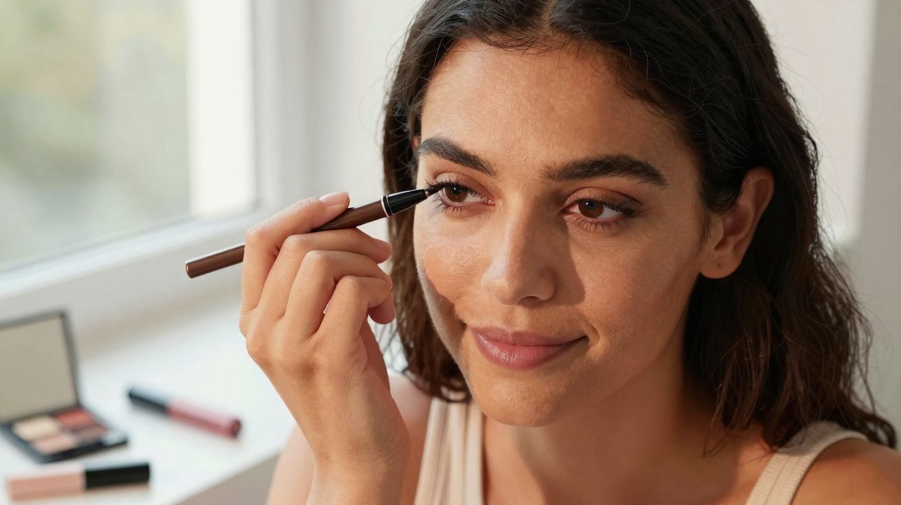 Mulher aplicando lápis de olho marrom em ambiente iluminado natural próximo à janela.