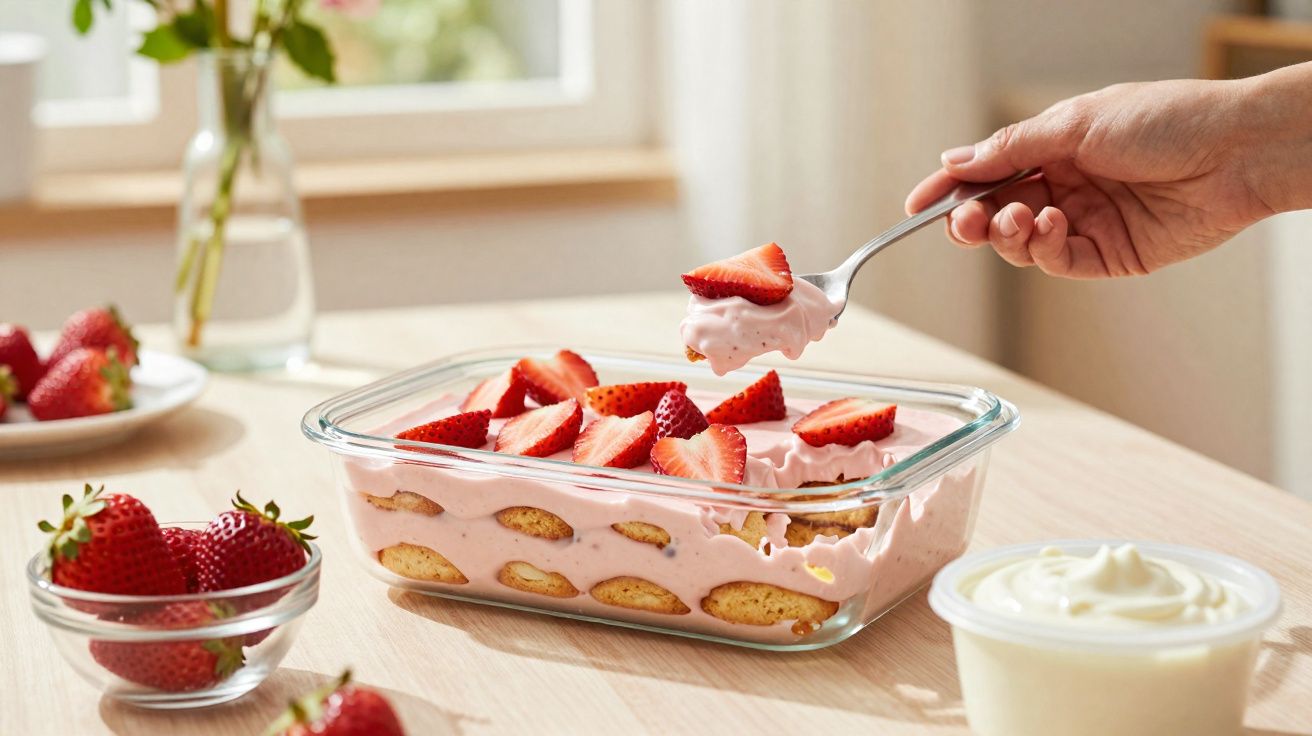 Sobremesa de morango com creme rosa e biscoitos em refratário de vidro, ao lado de potes com morangos e creme branco.