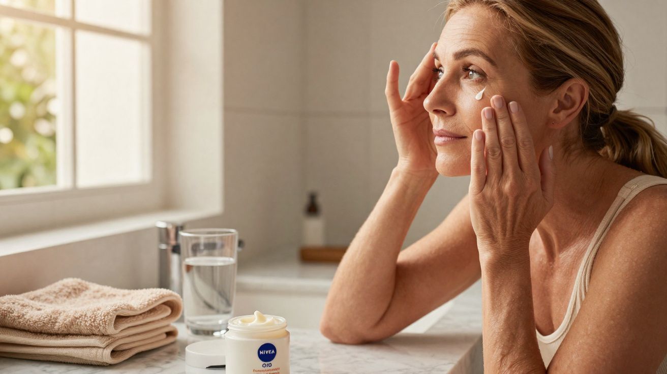 Mulher aplicando creme facial ao redor dos olhos em banheiro iluminado por luz natural.