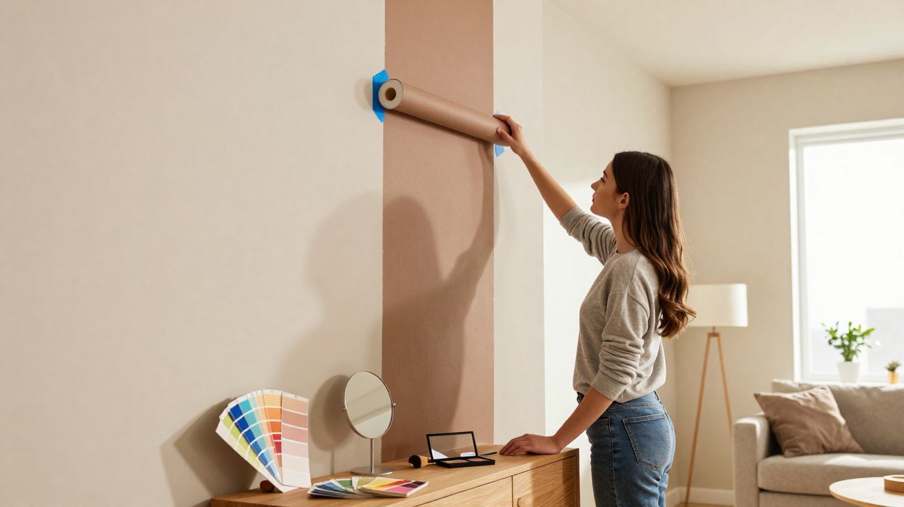 Mulher decorando parede com papel kraft em ambiente claro e moderno com amostras de cores.