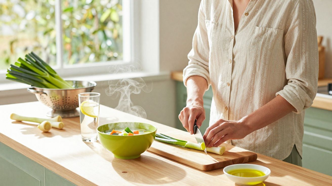 Pessoa cortando alho-poró em bancada de cozinha com sopa quente e temperos ao redor