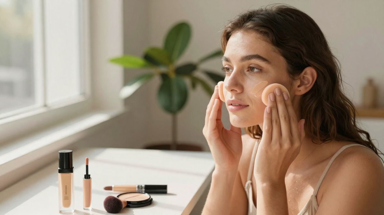 Mulher aplicando base de maquiagem no rosto com esponja, ao lado de produtos de maquiagem na mesa próxima à janela.