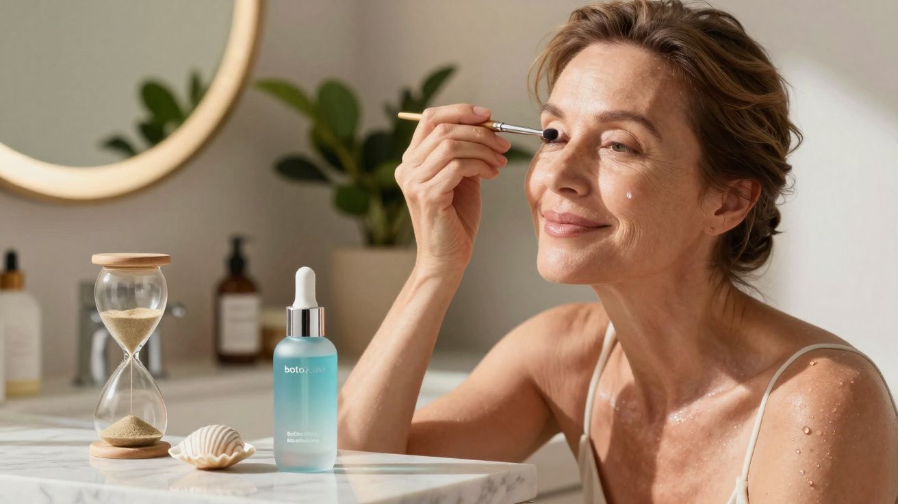 Mulher aplicando sérum facial ao lado de ampulheta e frasco de cosmético em bancada clara.