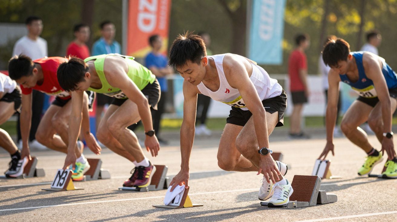 Atletas asiáticos na posição de largada em uma corrida de pista ao ar livre em dia ensolarado.