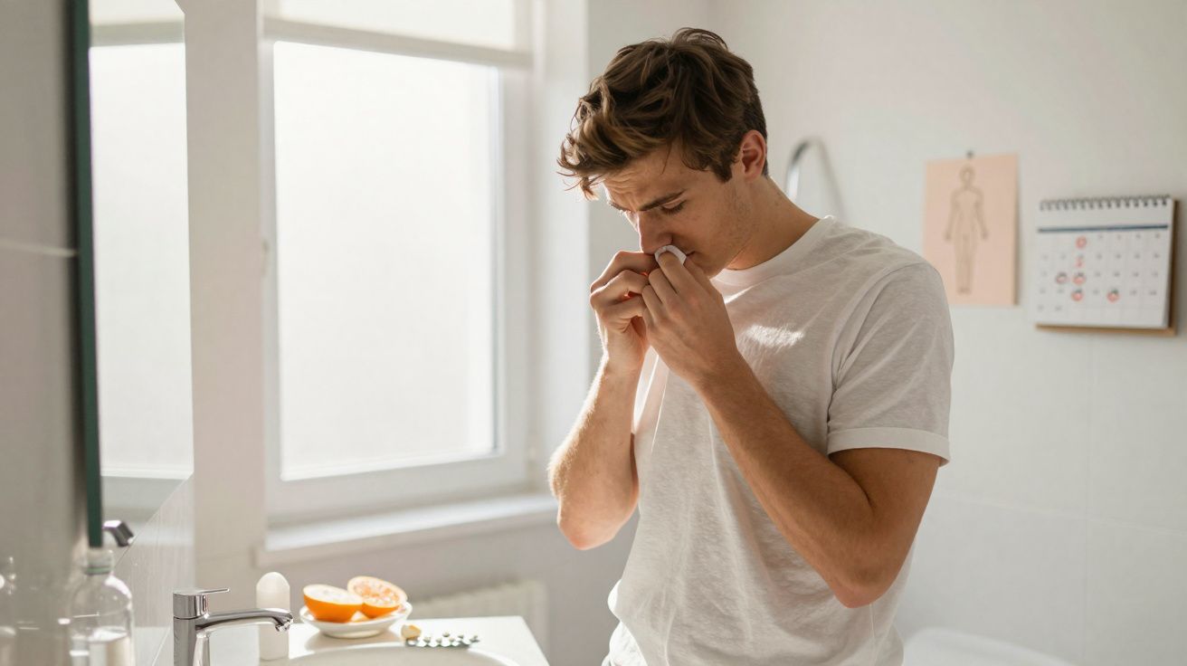 Homem em camiseta branca se assoando em ambiente claro, ao lado de pia com frutas e medicamentos.