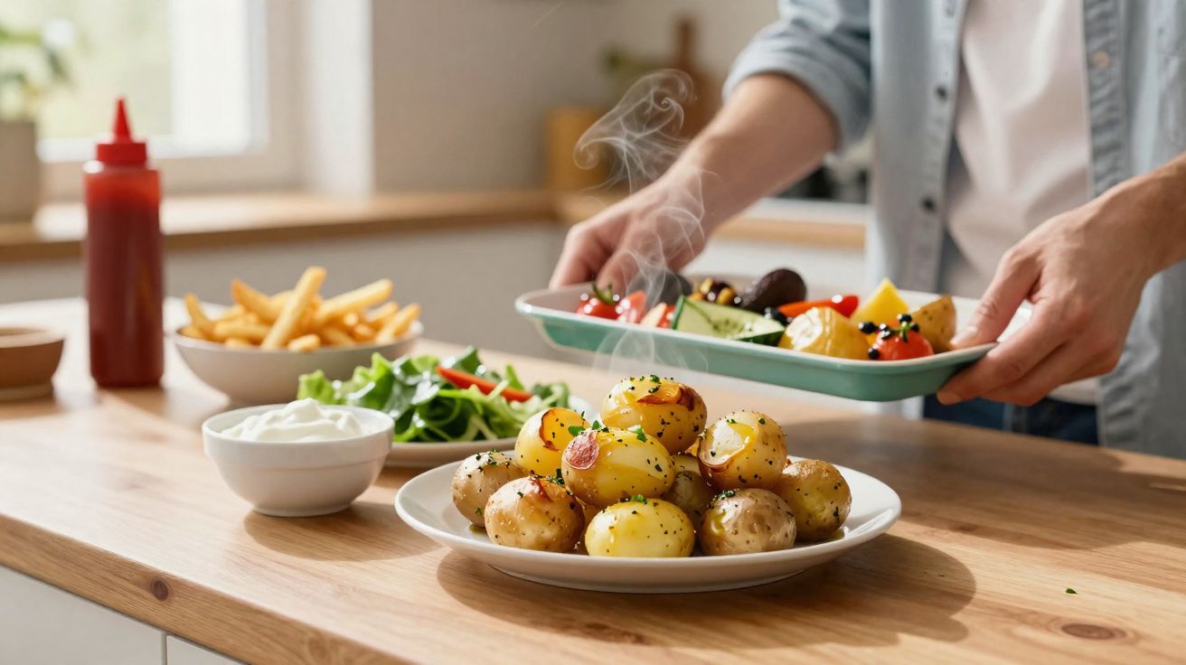 Prato de batatas pequenas temperadas, com acompanhamentos de salada, molho branco e batatas fritas na mesa.