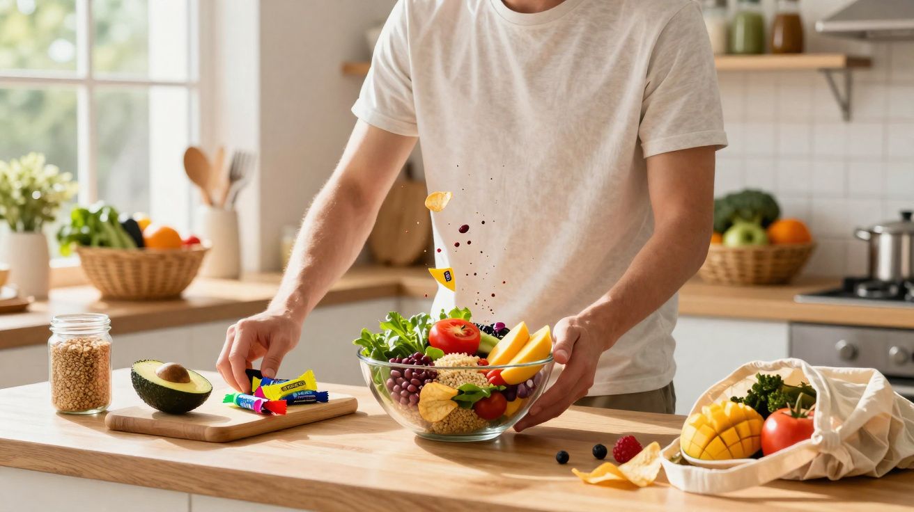 Pessoa preparando salada colorida em tigela de vidro em cozinha iluminada e moderna.