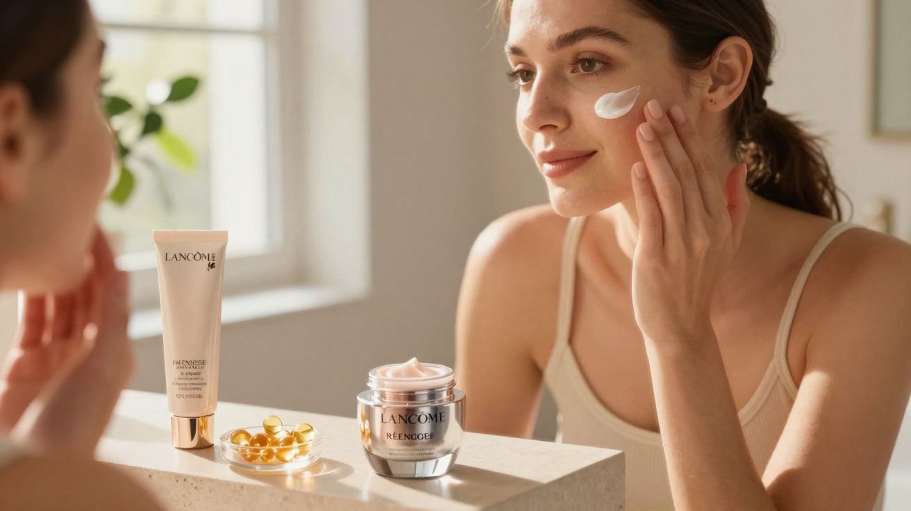 Mulher aplicando creme facial ao lado de produtos de skincare Lancôme em bancada iluminada.