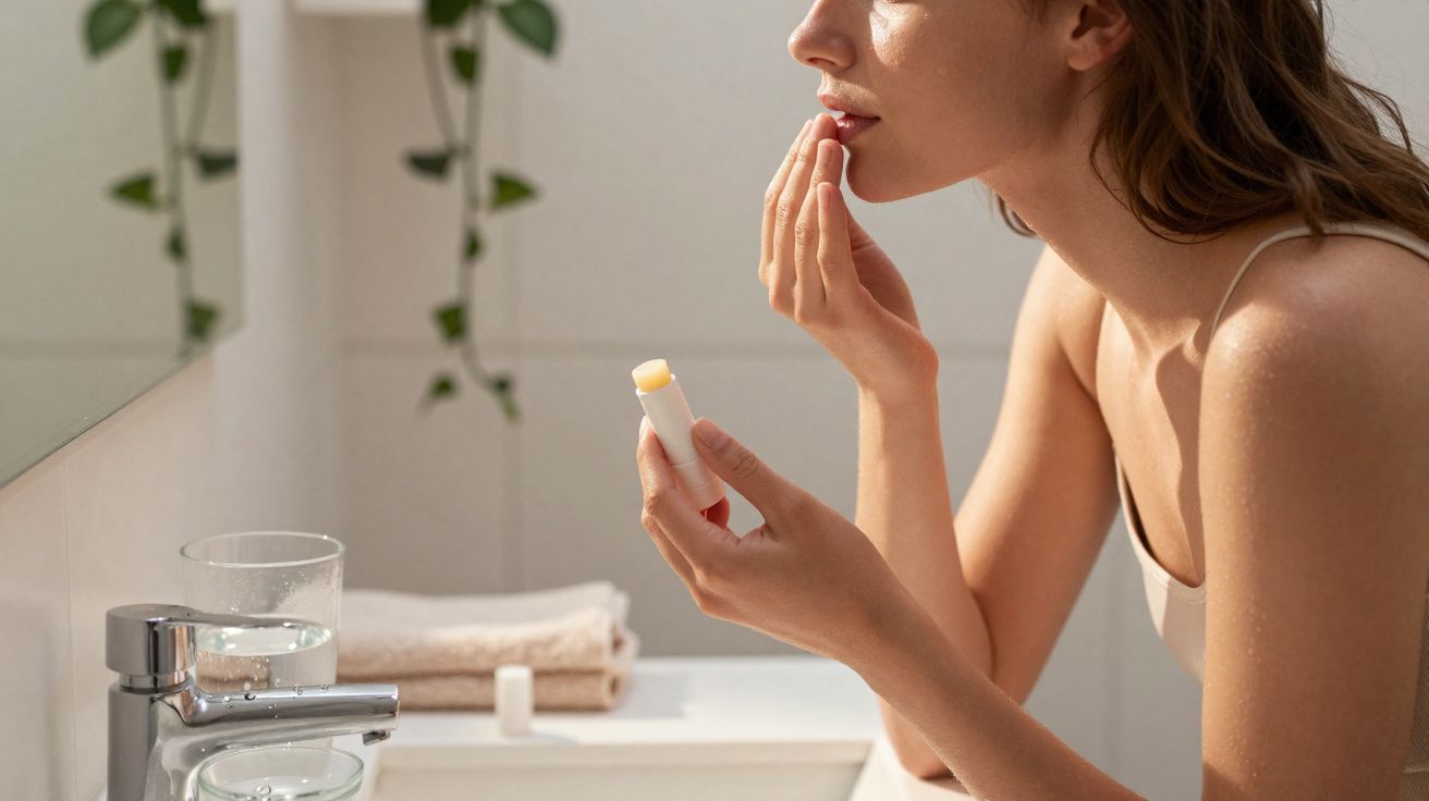Mulher aplicando protetor labial em frente ao espelho no banheiro com toalha e copo d'água.