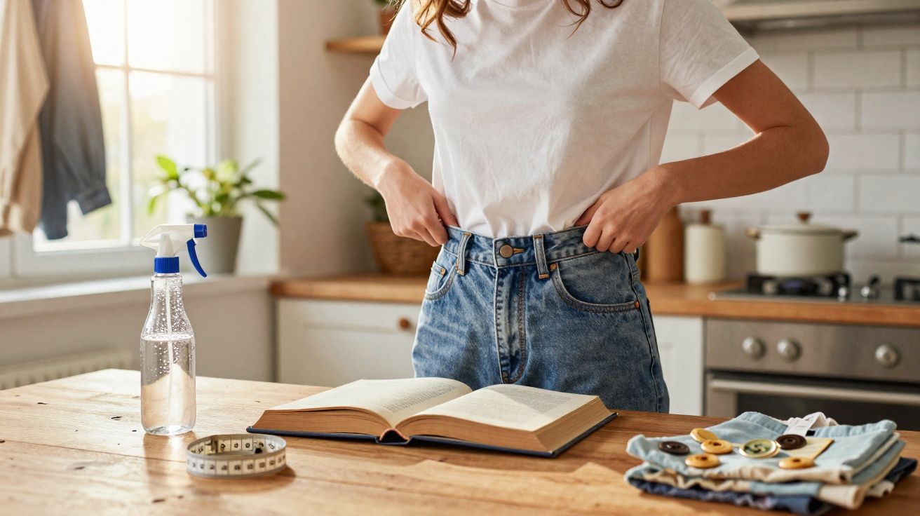 Pessoa ajustando calça jeans na cozinha, com livro aberto, fita métrica, botões e borrifador na mesa de madeira.