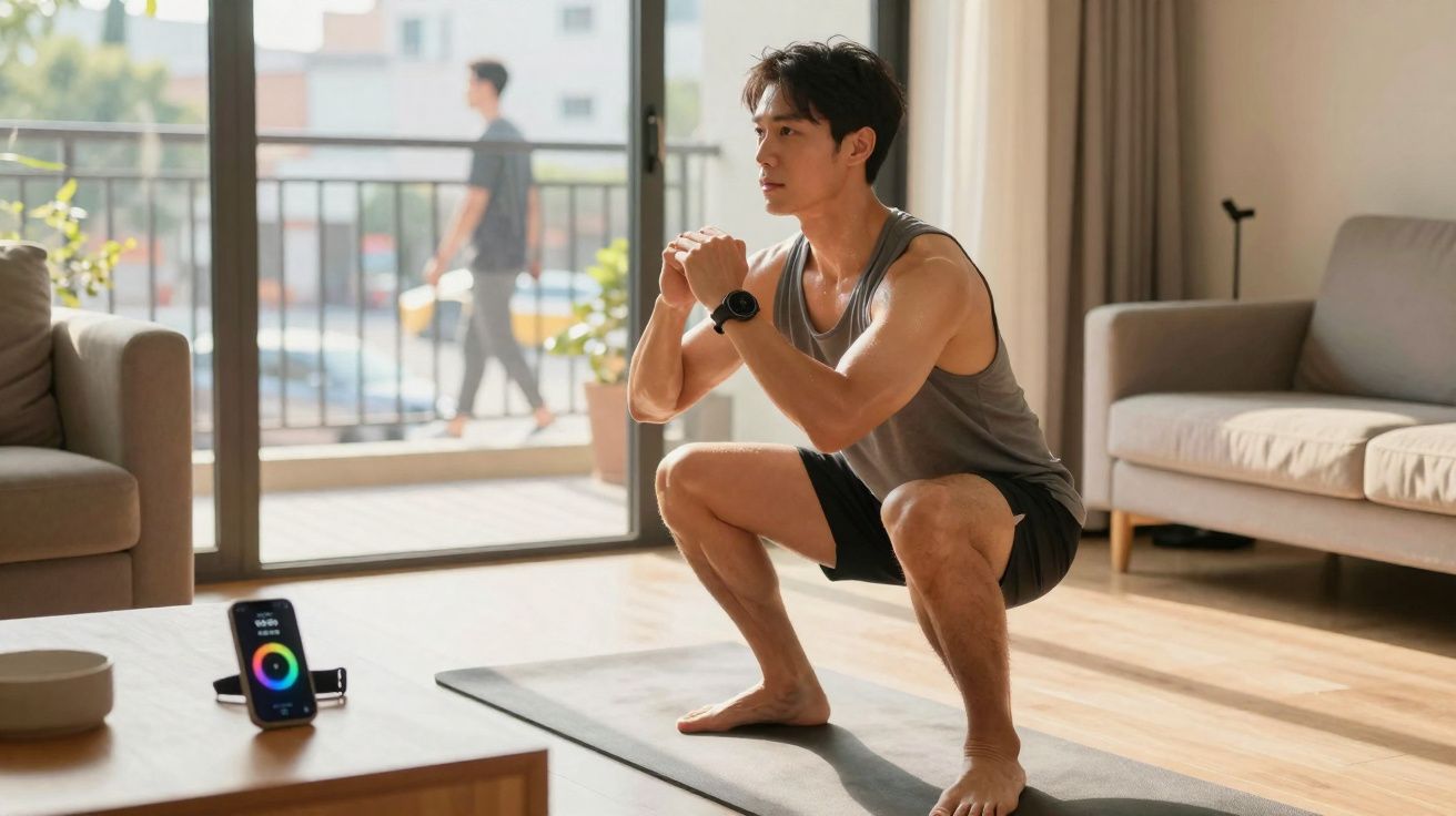 Homem fazendo agachamento em tapete de yoga na sala de estar, com smartphone ao lado mostrando aplicativo fitness.