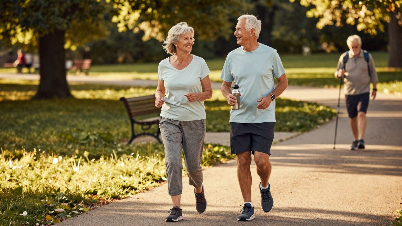 Casal idoso caminhando e conversando em parque ensolarado com banco e outra pessoa ao fundo.