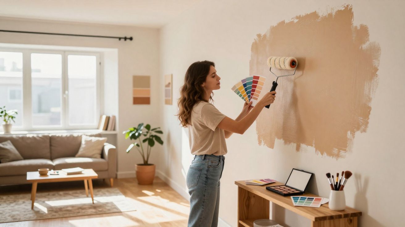 Mulher escolhendo cor e pintando parede de sala com rolo de pintura em ambiente iluminado.