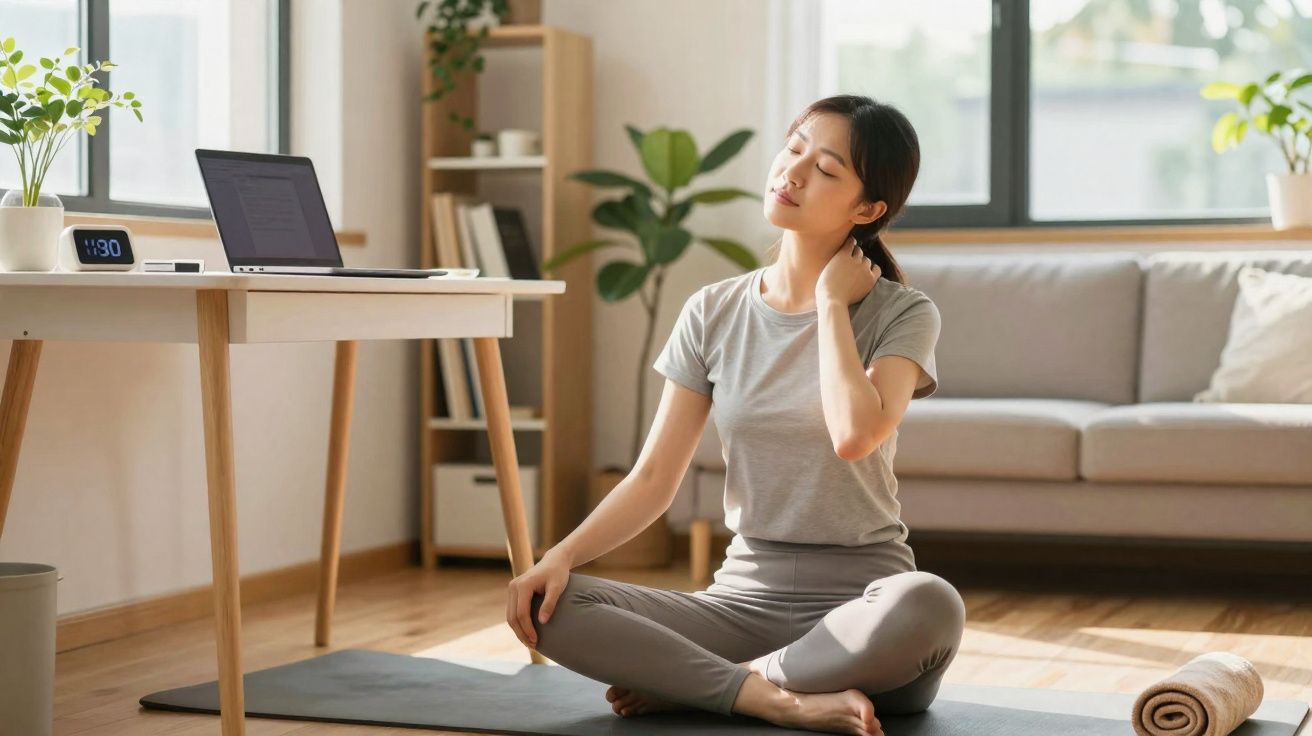 Mulher sentada em posição de lótus fazendo alongamento de pescoço em sala de estar com tapete e sofá.