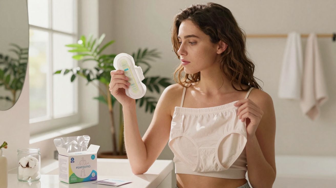 Mulher segurando absorvente e calcinha branca em ambiente claro e organizado, possivelmente banheiro.