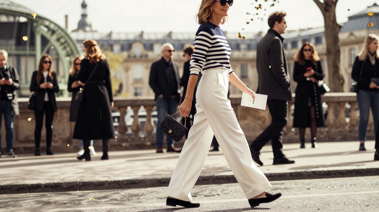 Mulher elegante caminhando na rua com blusa listrada, calça branca e óculos escuros, fundo urbano desfocado.