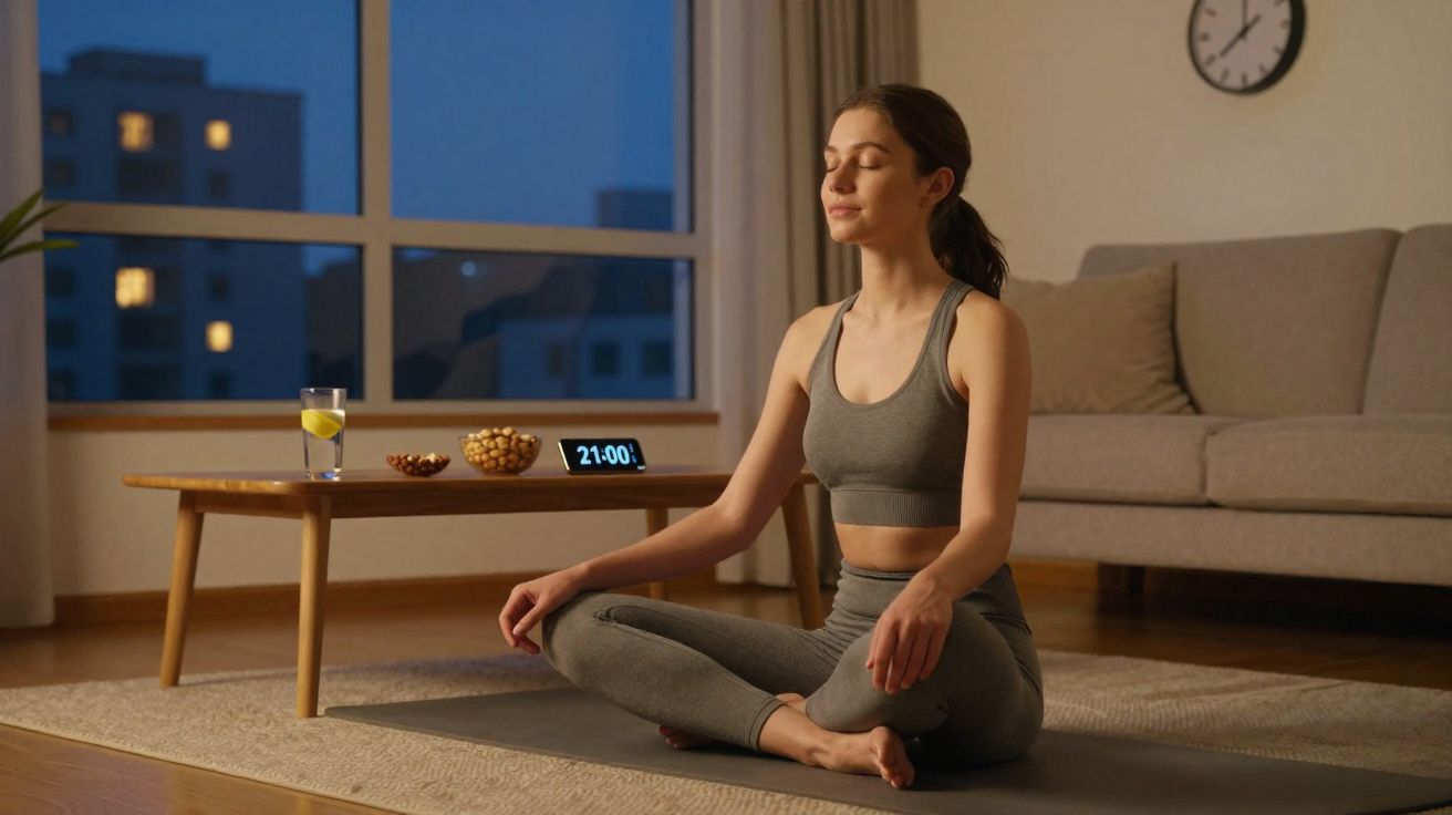 Mulher meditando sentada em posição de lótus em tapete de yoga na sala às 21h.