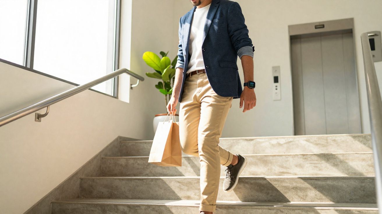 Homem vestido casual descendo escadas internas com sacola de papel na mão em ambiente iluminado.