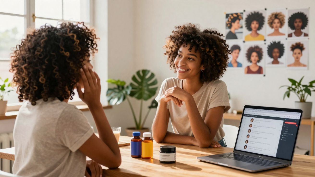 Duas mulheres com cabelos cacheados conversando em sala clara com laptop e frascos sobre a mesa.