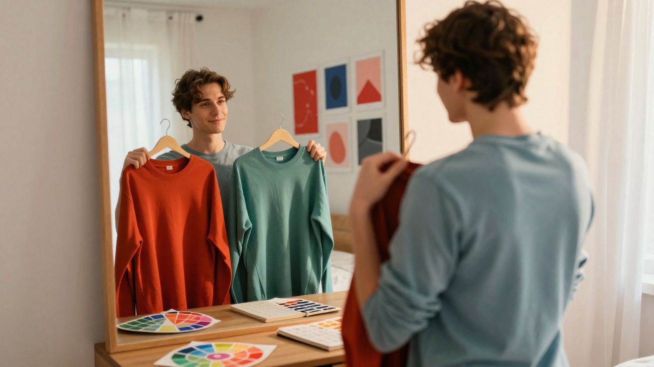 Jovem olhando no espelho e escolhendo entre camiseta vermelha e verde em quarto iluminado.