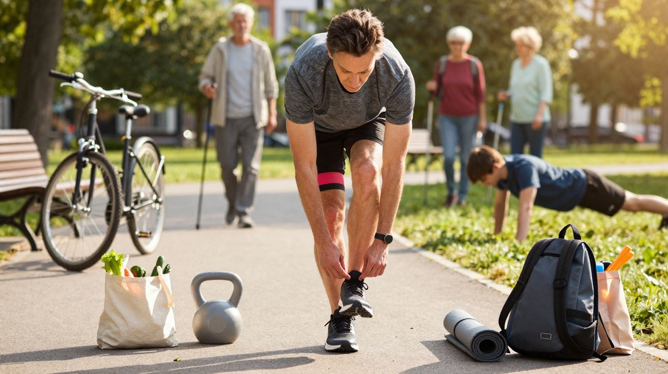Homem amarrando tênis para exercício ao ar livre com bicicleta, kettlebell e alimentos na sacola.