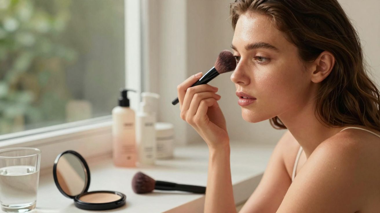 Mulher aplicando maquiagem com pincel próxima à janela com produtos de beleza ao fundo.