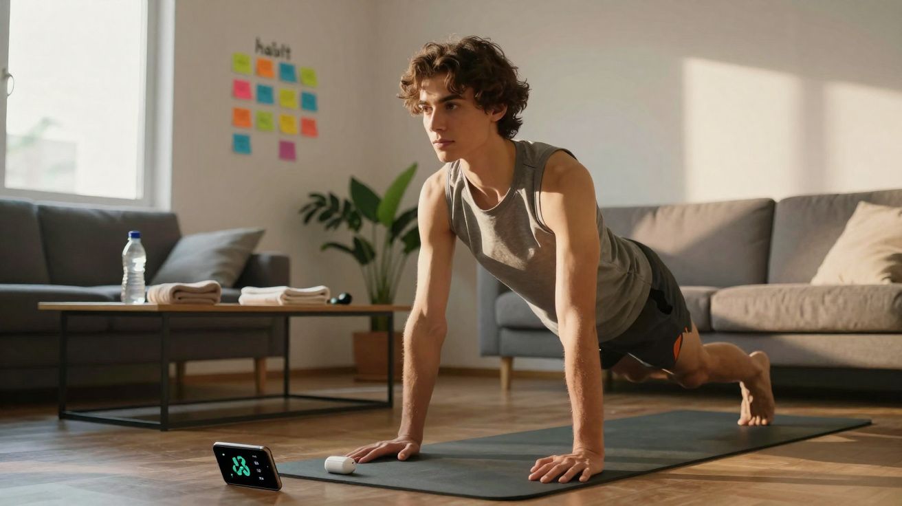 Jovem fazendo prancha em tapete de yoga na sala, com celular exibindo cronômetro à frente.