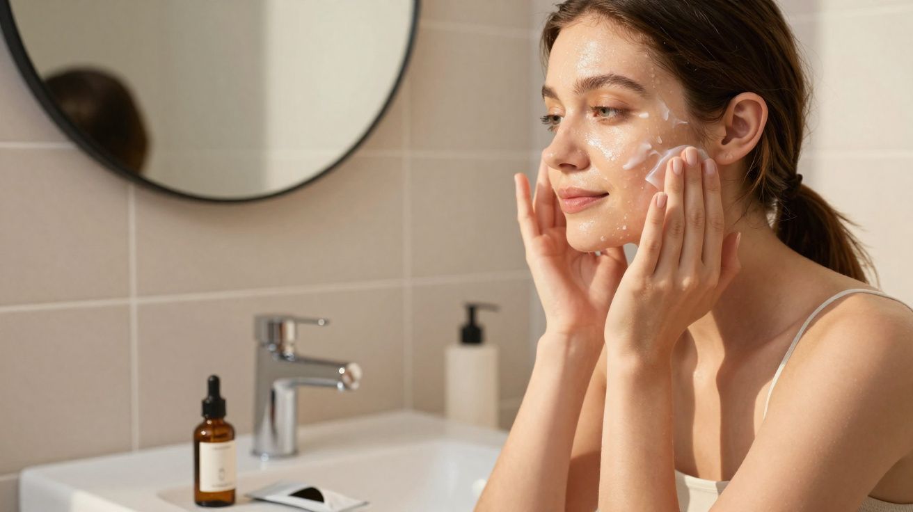 Mulher aplicando creme facial em frente ao espelho no banheiro iluminado.